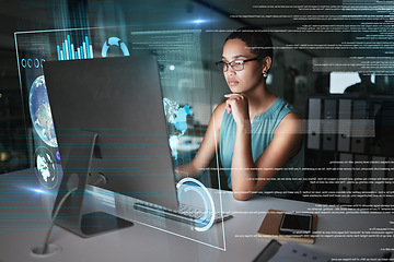 Image showing Computer hologram hud, thinking and woman review data analysis of earth communication, world networking or chart. Future night overlay, planet ui hud or African person work on global network software