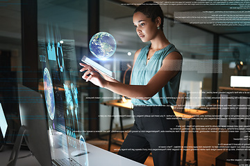 Image showing Tablet, Earth hologram and computer woman review data analysis of global network, world communication or 3d globe. Futuristic night overlay, planet ui hud or African worker working on chart dashboard