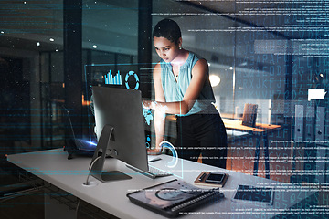 Image showing Office computer, hologram or night person reading future administration dashboard, research chart or ui software. Digital transformation, cloud computing overlay and black woman work on data analysis