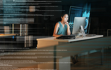Image showing Computer, hologram hud or person reading future administration dashboard, ui chart or cloud computing software. Digital transformation web, night overlay or black woman focus on fintech data analysis