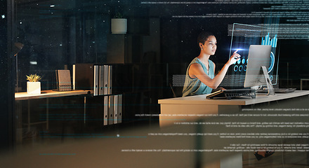 Image showing Computer, hologram hud and office woman pointing at future dashboard, ui chart or administration software. Digital transformation, night overlay mockup and black woman focus on fintech data analysis