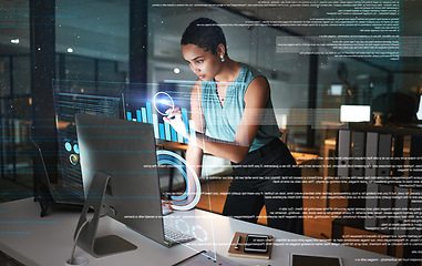 Image showing Computer, hologram hud or business woman pointing at future administration ui, network research chart or graph. Digital transformation dashboard, night overlay or African person work on data analysis