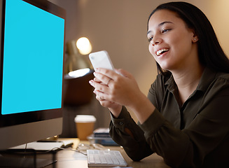 Image showing Computer, green screen mockup or woman with phone in office at night for social media, networking or reading blog news. Search, smile or girl on smartphone for content typing, website or mobile app