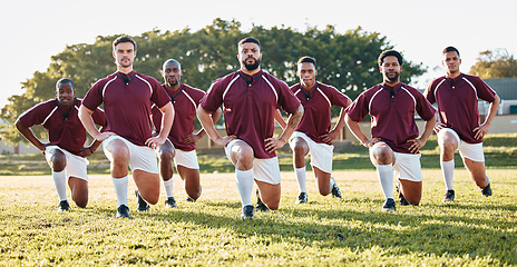 Image showing Rugby, sports and a team of men portrait doing lunges for training or competition game on a field. Fitness, sport and stretching with diversity athlete group in a warm up before an outdoor match