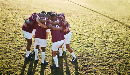 Image showing Man, huddle and team on grass field for sports motivation, coordination or collaboration in the outdoors. Group of sport men in fitness training, planning or strategy in solidarity for game on mockup