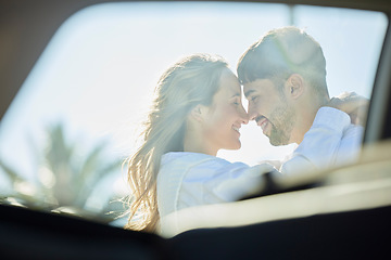 Image showing Couple, love and hug in window for travel, road trip and adventure with car for transport outdoor. Happy face of man and woman with love, care and security on vacation, journey or holiday in summer