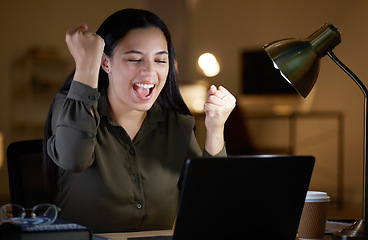 Image showing Business woman, laptop and office with celebration, winning and success on stock market with smile. Happy employee, winner and girl celebrate for profit in crypto, global investment or trading online