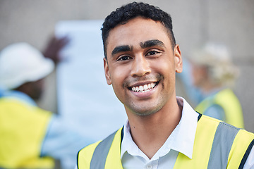 Image showing Construction, architecture and face with man in portrait, smile and project plan at job site, contractor and happy leader. Mockup space, helmet for safety and architect in building industry