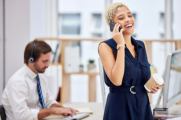 Image showing Happy phone call, communication or woman in office for conversation, discussion and talking in New York. Smile, good news and callcenter girl on smartphone for speaking, networking or mobile device