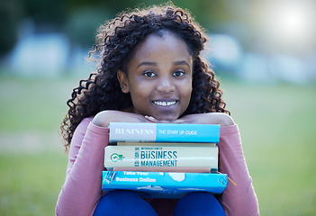 Image showing Books, portrait and black woman at park or university campus for distance learning, studying and reading knowledge. Face of person or student textbook for business college, scholarship and education