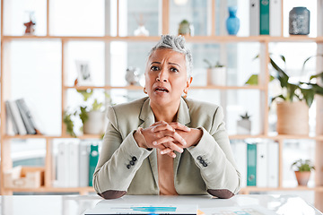 Image showing Confused, surprised and portrait of a woman in business with shock for corporate results. Mistake, frustrated and mature professional employee with anger, stress and shocked at a problem at a company