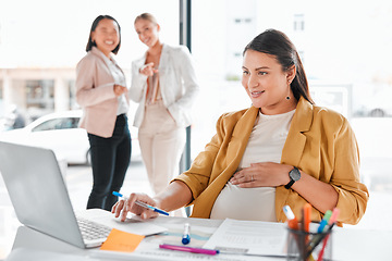 Image showing Gossip, pregnancy shame or business people pointing at pregnant woman in office working on laptop. Colleagues in workplace bullying, employee victim exclusion or worker harassment and discrimination