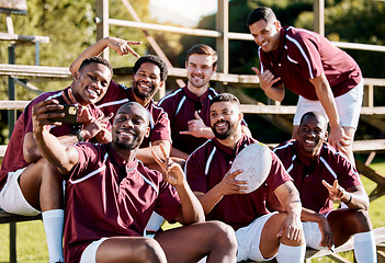 Image showing Selfie, peace sign and rugby team smile ready for exercise, sports training and workout on field. Fitness, teamwork and athletes pose for picture for memory or post of competition, game or practice