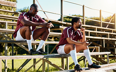 Image showing Rugby break, phone and men or team for social media update, sports fitness planning and blog tips. Relax, ideas and 5g networking of athlete or black people on smartphone for website or online chat