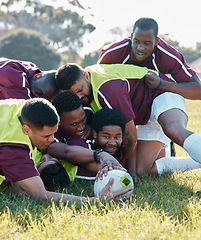 Image showing Goal, tackle or rugby team in training, exercise or fun practice workout match on sports field together. Ball, strong man or powerful group in tough competitive game with physical fitness or effort