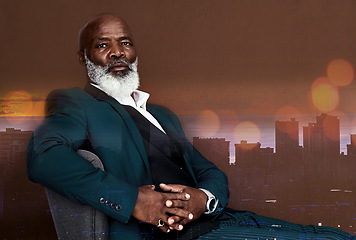 Image showing Rich black man, CEO and serious, portrait and leadership, power and and senior with urban overlay. Double exposure, relax with professional male and wealth with status, confidence and mockup space