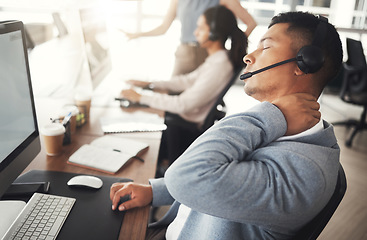 Image showing Customer support consulting, neck pain problem or man stress on telemarketing for contact us CRM. Call center fatigue, ecommerce burnout or tired information technology consultant with medical crisis