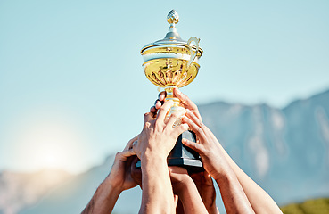 Image showing Sports, champion and hands of team with trophy for achievement, goal and success together. Celebration, winner and people holding an awards cup after winning a sport competition or rugby tournament