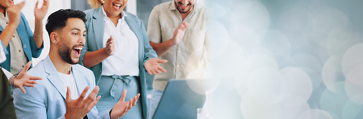 Image showing Business man, laptop and celebration applause for winning achievement with congratulations on success. Diversity men and women hands for achievement, development and sales target goal motivation