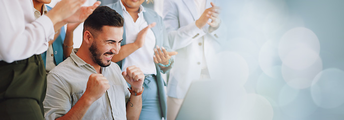 Image showing Clapping, laptop and winning people in office success, congratulations and celebration of company target sales. Winner, wow and applause for worker, employees or man promotion, news or opportunity