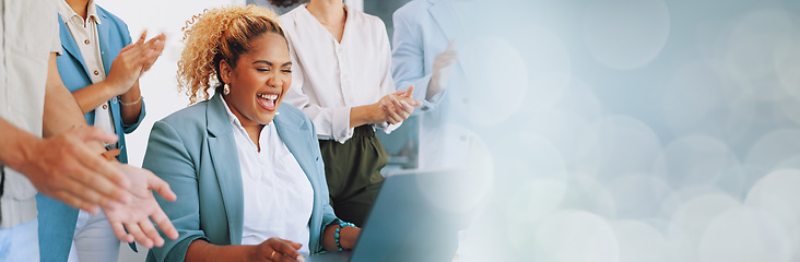 Image showing Applause, laptop and winning woman in office success, congratulations and celebration of company target sales. Winner, wow and clapping for worker, employees or people promotion, news or opportunity