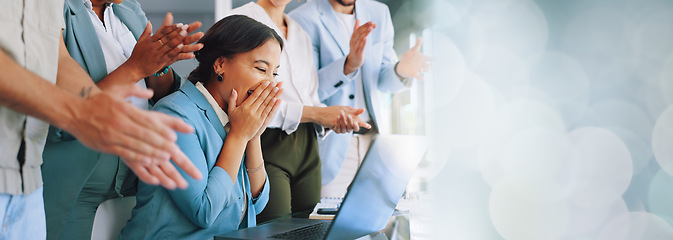 Image showing Clapping, laptop and winner woman in office success, congratulations and celebration of company target sales. Achievement, goals and applause worker, employee or person promotion, news or opportunity