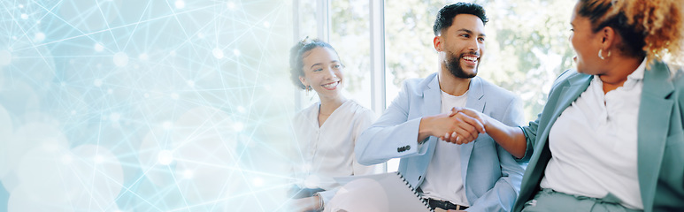 Image showing Recruitment, handshake and business people networking in job interview waiting room, happy and friendly. We are hiring, job opportunity and hand shaking by man and woman relaxing in line at startup