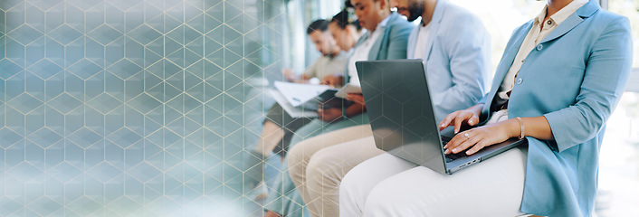 Image showing Hands, laptop or waiting and a business woman in line for her hiring interview with human resources. Computer, resume and recruitment with a female candidate sitting in a row for a company vacancy