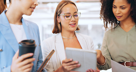 Image showing Creative business woman, tablet and discussion for marketing, advertising or team strategy at the office. Group of employee women in teamwork, collaboration or conversation on touchscreen for startup