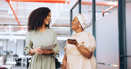 Image showing Collaboration and walking with a business black woman team working together in the office. Thank you, teamwork and partnership with a female and colleague in agreement or welcome