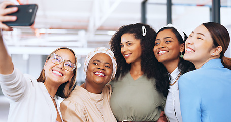 Image showing Business women, selfie and phone with a happy team together for social media profile picture with a smile, happiness and support. Group of female employees with smartphone for update on diversity