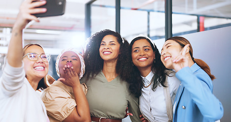 Image showing Team, selfie and business women with phone in office with funny face, peace sign and comic expressions. Teamwork, collaboration and group of female workers take picture, excited for corporate startup