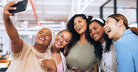 Image showing Business women, team and funny selfie with phone for social media, collaboration or startup success together. Female, group and diversity workers taking picture, smartphone or silly friends in office