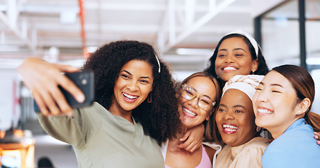 Image showing Selfie, office and business women smartphone for social media post, website about us and profile picture update of diversity. Workplace culture, gen z and peace sign of employees in phone photography