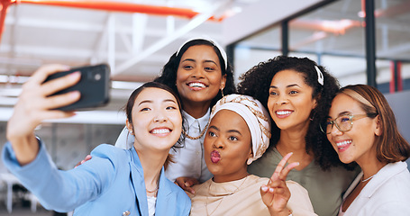 Image showing Business people, peace sign and phone selfie in office for happy memory, profile picture or social media. Tech, cellphone and group of women, friends or coworkers taking pictures on mobile smartphone