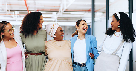 Image showing Diversity, women and work friends hug, smile and team building for startup company, laugh and talking. Multiracial, business and female coworkers embrace, marketing campaign and advertising strategy.