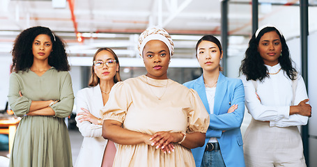 Image showing Business women empowerment, portrait and team diversity for collaboration, motivation and mission for goals in office. Group of people, female workers and focus on vision in global marketing agency