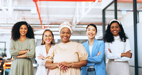 Image showing Business women group, faces or arms crossed in modern office, marketing coworking space or advertising company. Smile portrait, happy creative leadership or designer workers in teamwork collaboration