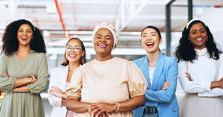 Image showing Laughing business women, team diversity or manager in modern office with marketing ideas, advertising innovation or branding vision. Portrait, smile or happy creative designers in about us leadership