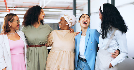 Image showing Diversity, work friends and women in modern office, bonding and laugh together. Females, girls and in workplace for business strategy, marketing department and conversation for advertising campaign.