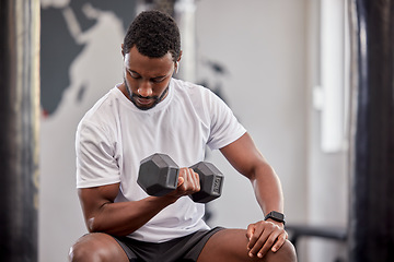 Image showing Black man, weight training and gym dumbbell of a athlete doing bodybuilder cardio. Healthy, wellness and sports workout for strong arm muscle in a exercise studio with power lifting and fitness