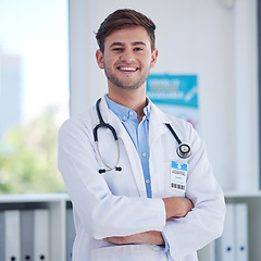 Image showing Happy, healthcare and portrait of doctor at hospital proud, empowered and confident. Face, leader and male health expert with positive mindset, goal or medical innovation at clinic, smile and excited