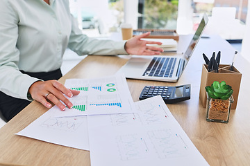 Image showing Documents, graph and hands with laptop on desk for planning, financial report and data analysis. Corporate office, paperwork and business woman working on budget analytics, sales target and review