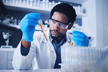 Image showing Science, test tube and black man in laboratory with liquid for research, medical exam and sample analysis. Healthcare, biotechnology and male scientist thinking with liquid vial, medicine and vaccine