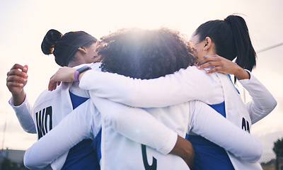 Image showing Netball, sport huddle and women with teamwork and motivation before match. Outdoor, sports court and students ready for exercise, fitness and game strategy conversation in athlete group circle