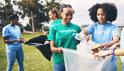 Image showing Students, recycle and community volunteer project with young people cleaning plastic and trash. Happy, recycling and charity work for a sustainability, eco friendly and ecology service outdoor