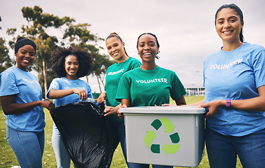 Image showing Young people, recycling and volunteer portrait of group doing outdoor waste and garbage cleaning. Earth day, charity and community clean up project with student teamwork to recycle for sustainability