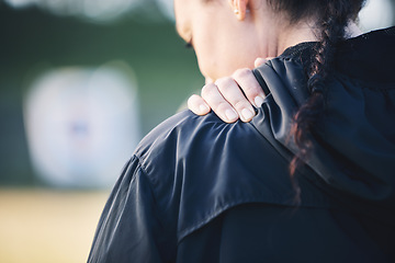 Image showing Back, fitness and woman with shoulder pain, tired and burnout after training, workout and exercise. Female, athlete or lady with injury, muscle tension or strain with inflammation or physical therapy