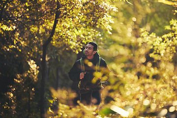 Image showing Man, backpacker and hiking in nature forest, trekking woods or trees for adventure, relax workout or fitness exercise. Japanese hiker, walking and person in environment, healthcare or cardio wellness