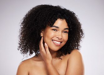 Image showing Mockup, skincare and black woman with smile, beauty and dermatology against grey studio background. African American female, lady or cosmetics for morning routine, grooming or treatment for soft skin